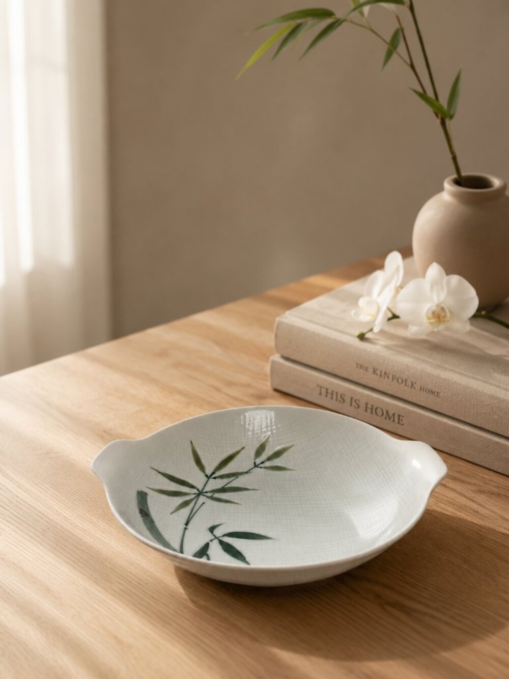 Vintage Bamboo China Japan Hand Painted Porcelain Serving Bowl 7.5” Mid Century